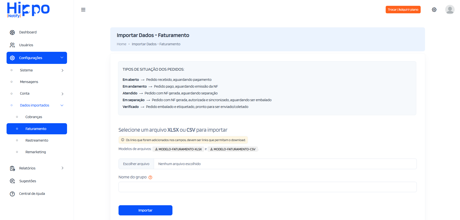 Tela para importar arquivos de dados