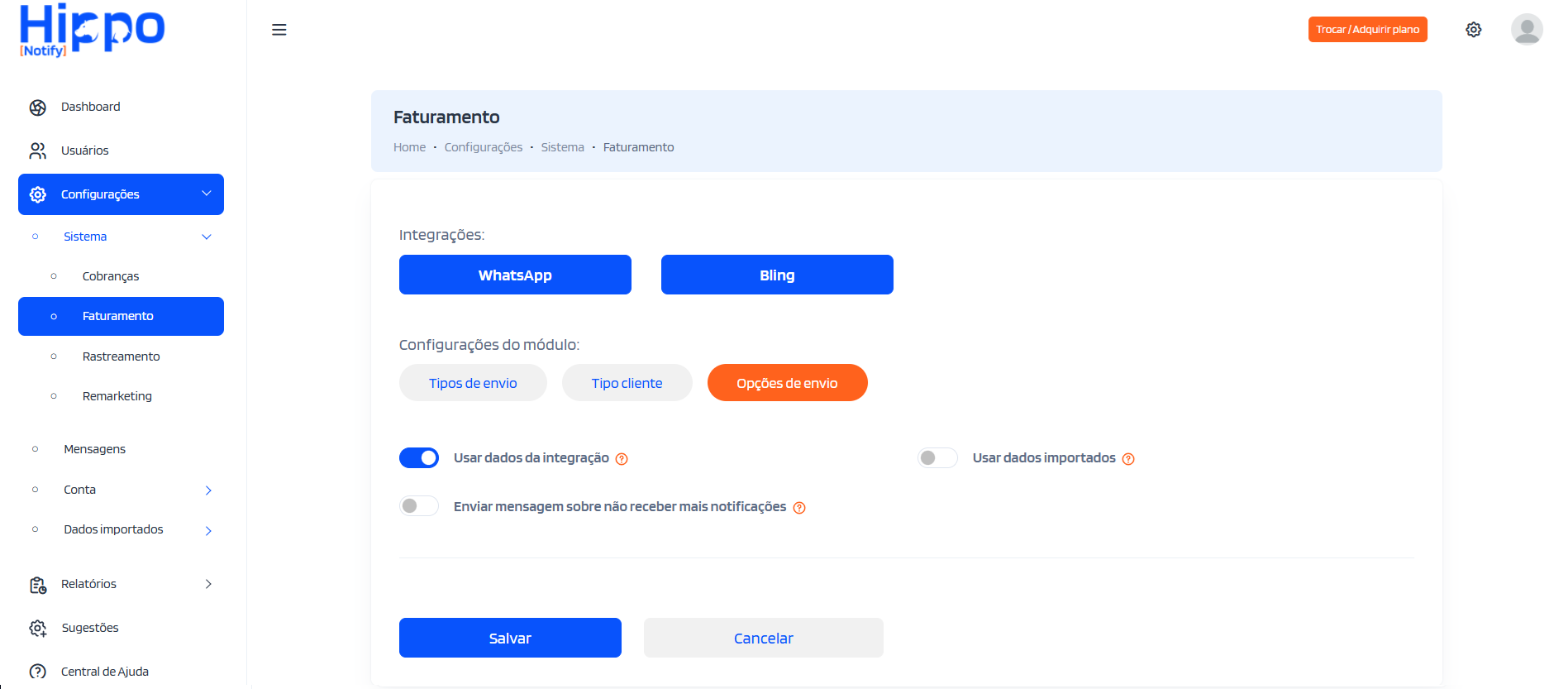 Tela das configurações das opções de envio