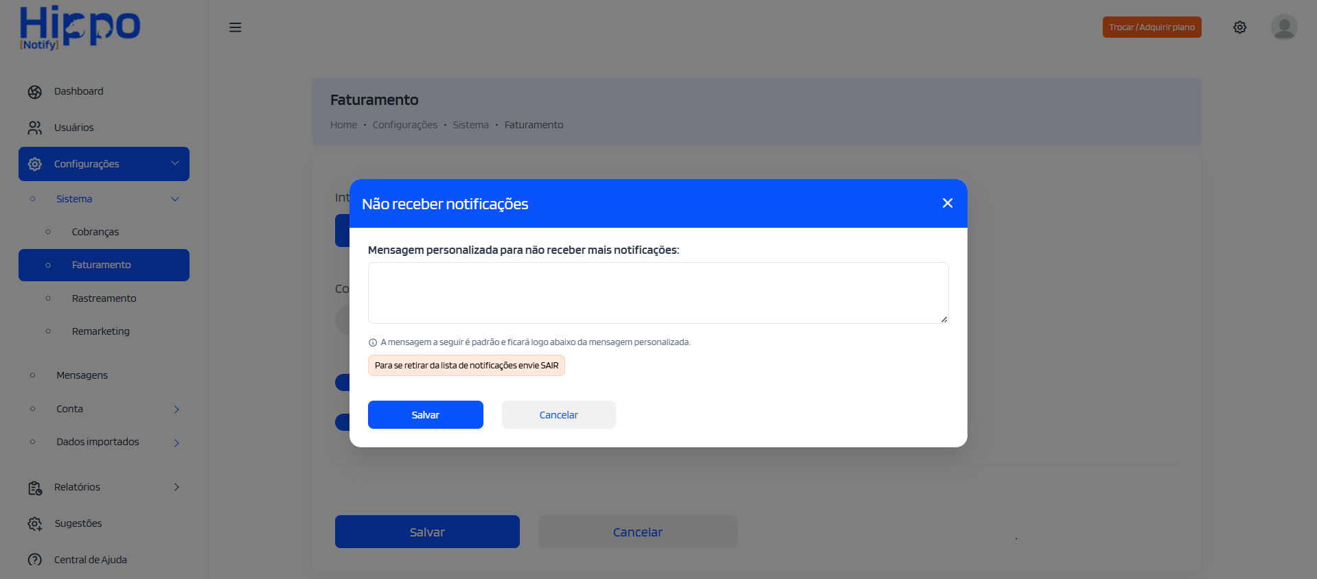Janela para personalizar a mensagem para cancelar recebimento