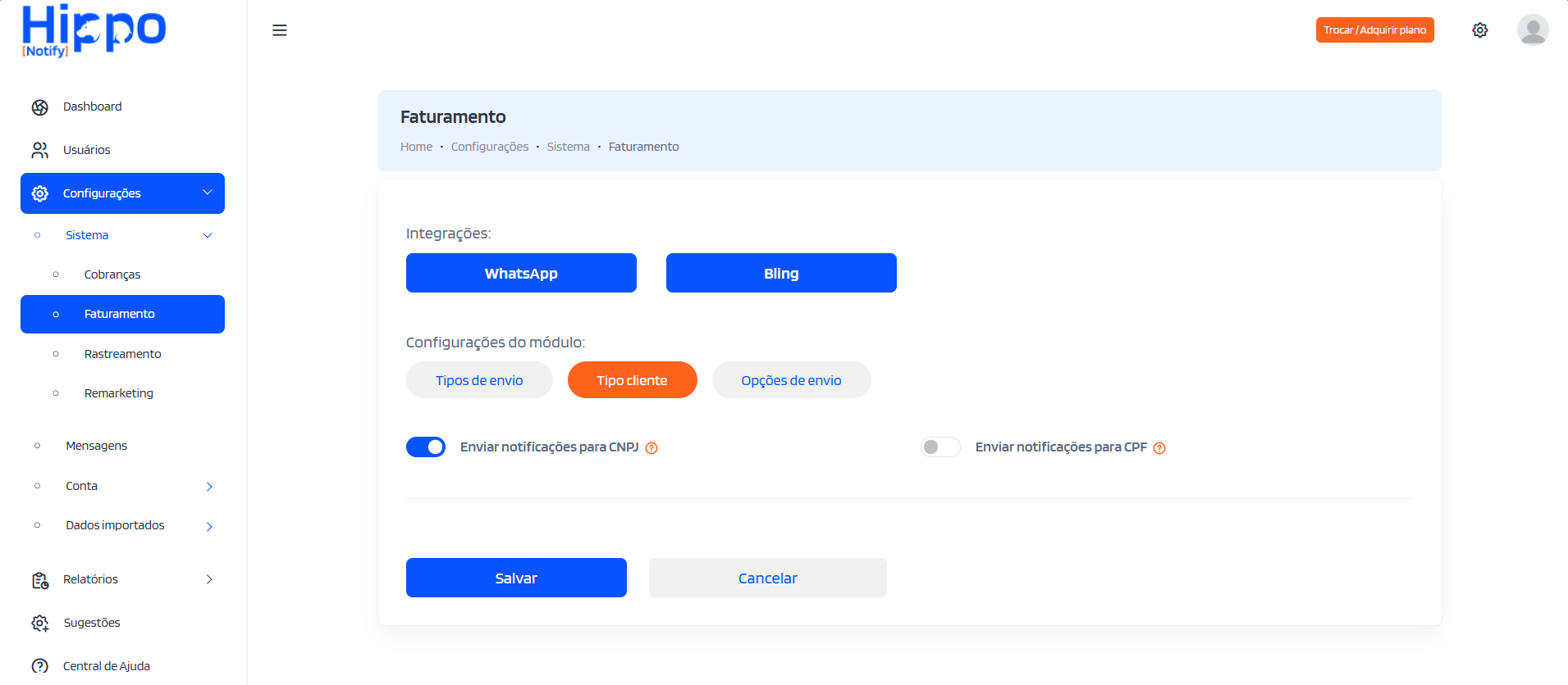 Tela de configurações do tipo de cliente