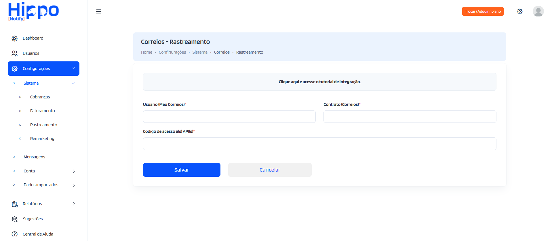 Tela de cadastro dados para acesso a API Correios