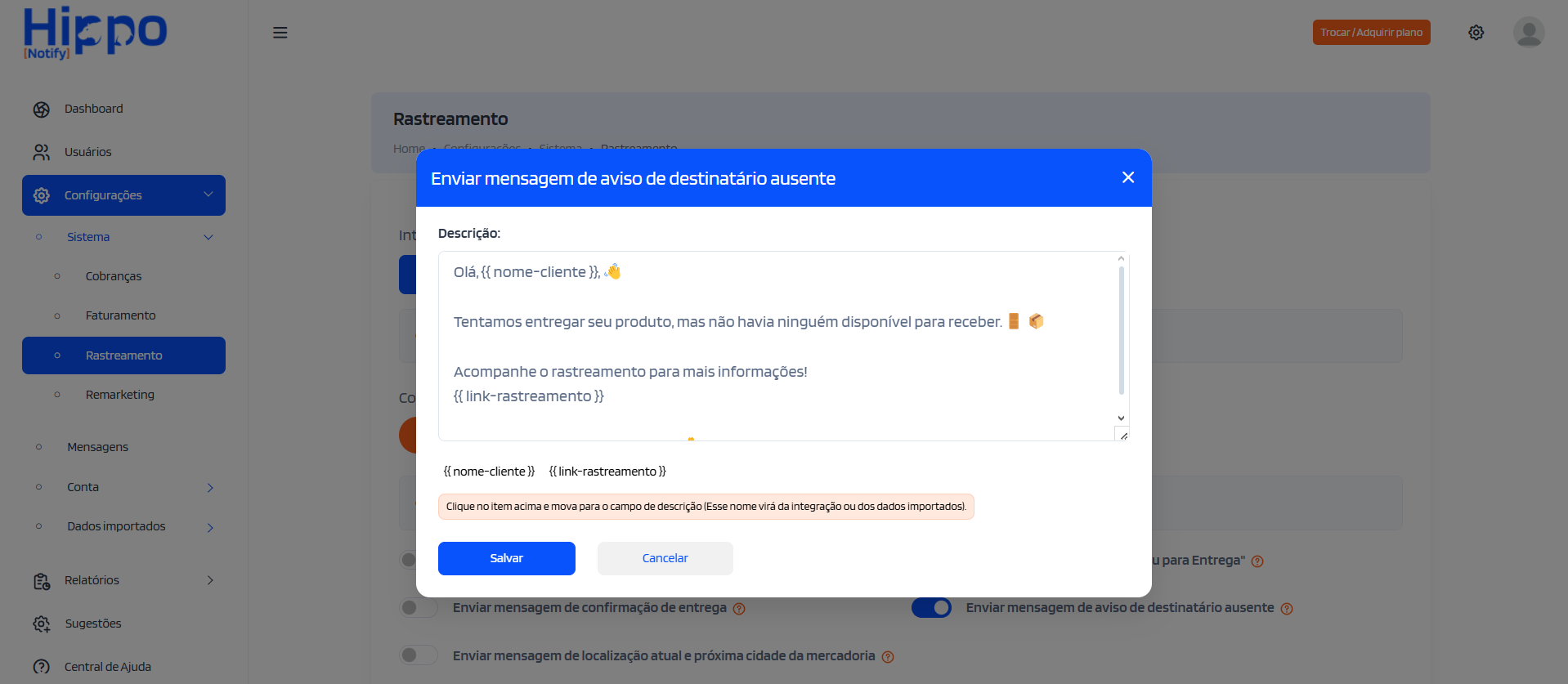 Janela para personalizar texto situação ausente