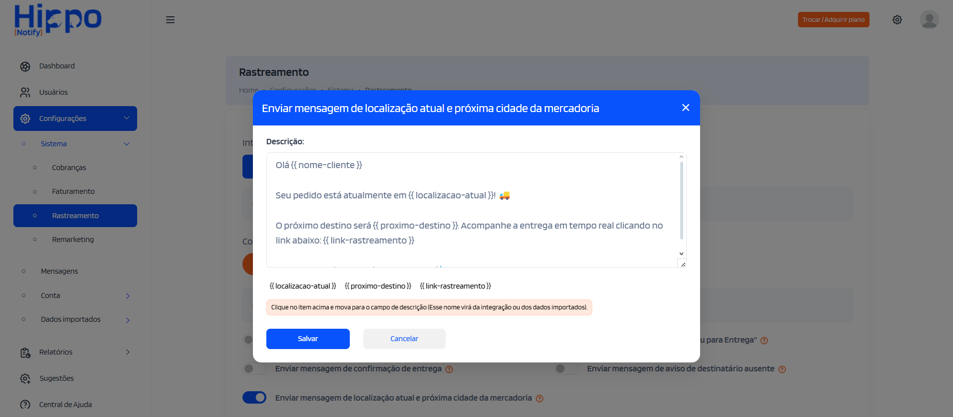 Janela para personalizar texto situação transferência