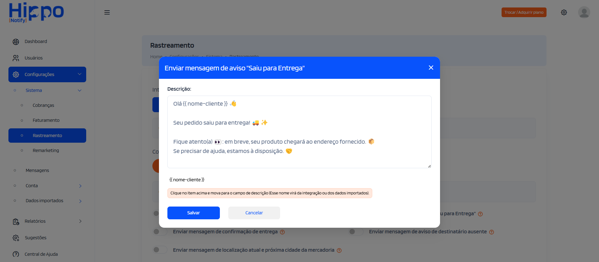 Janela para personalizar texto saiu para entregar