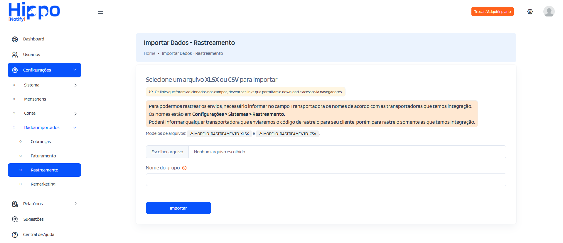 Tela para importar arquivos de dados