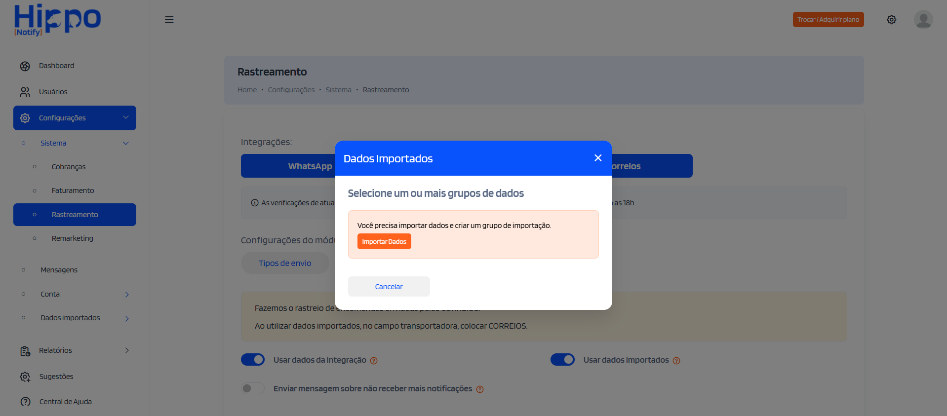 Janela de configurar novos dados importados para notificações