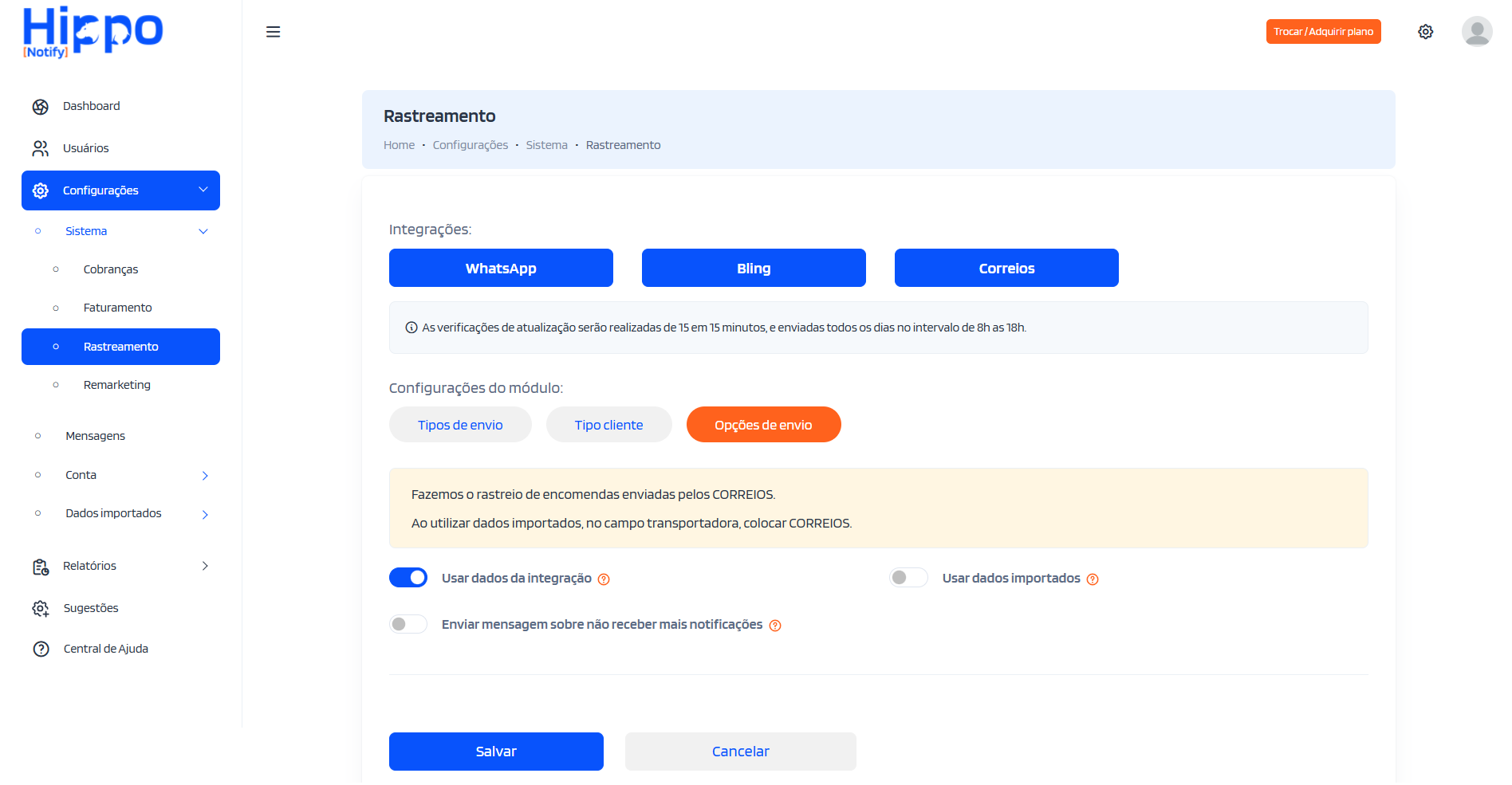Tela das configurações das opções de envio