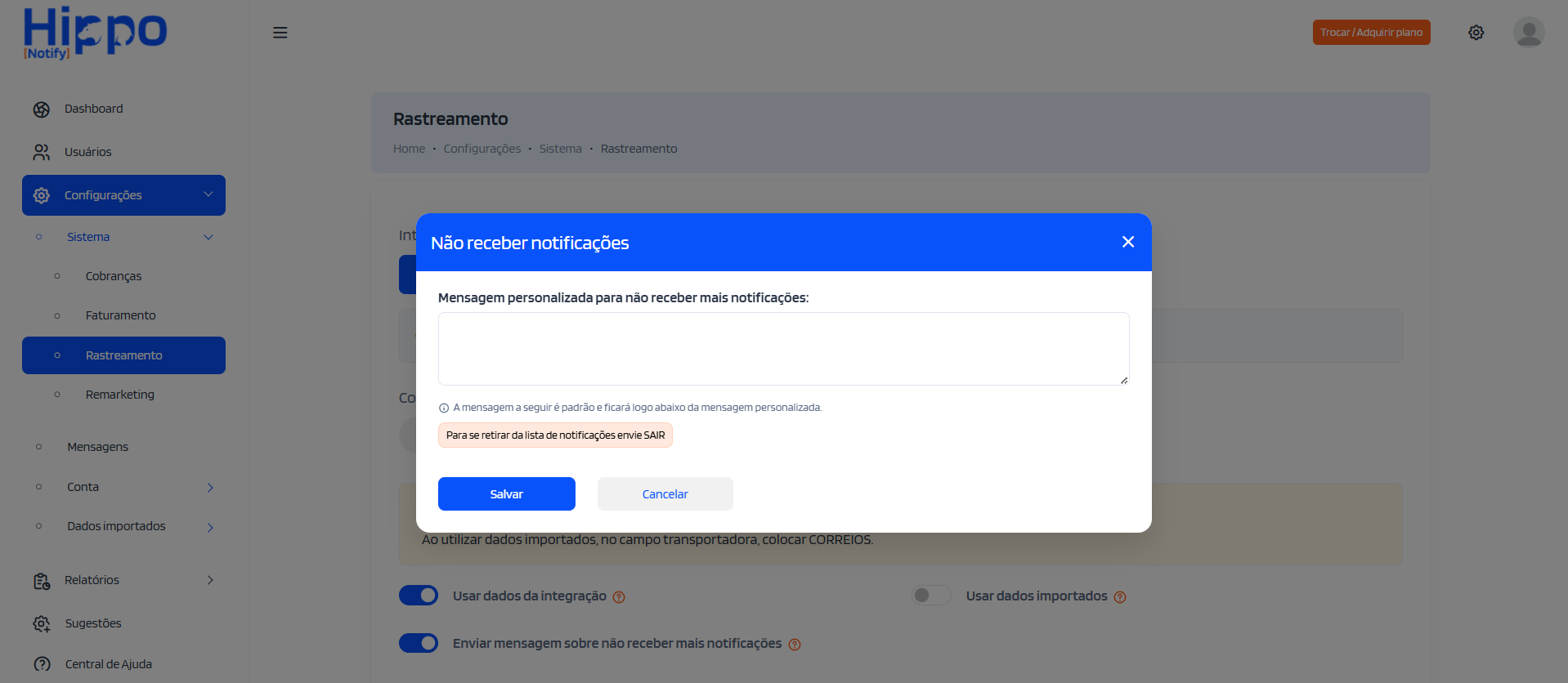 Janela para personalizar a mensagem para cancelar recevimento