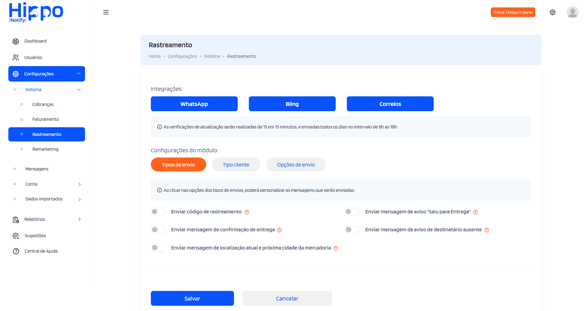 Tela inicial da configuração do módulo Rastreamento