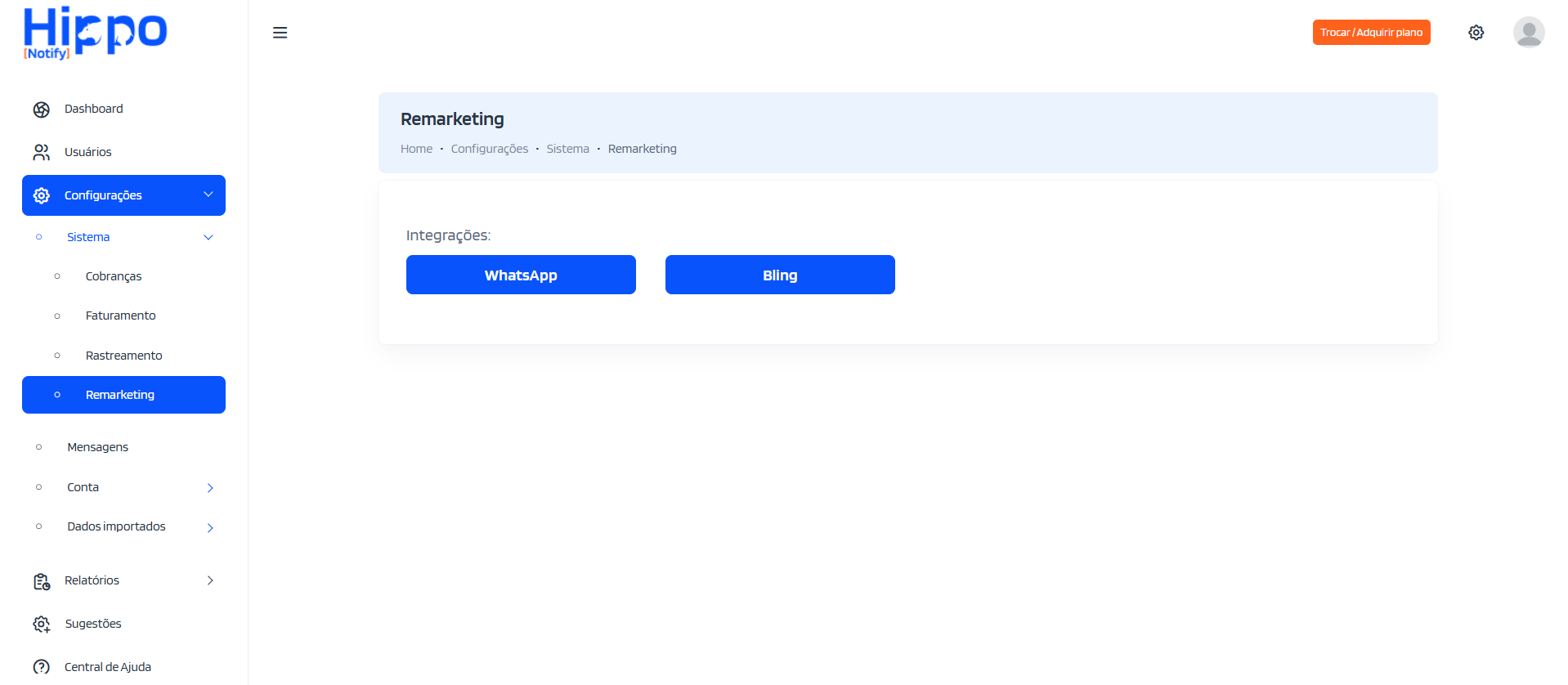 Tela de configurações do módulo Remarketing