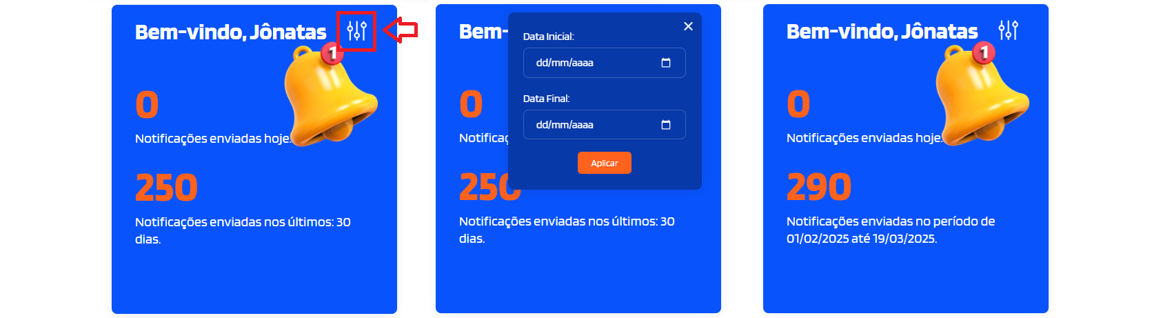 Card de boas-vindas e quantidade de mensagens enviadas
