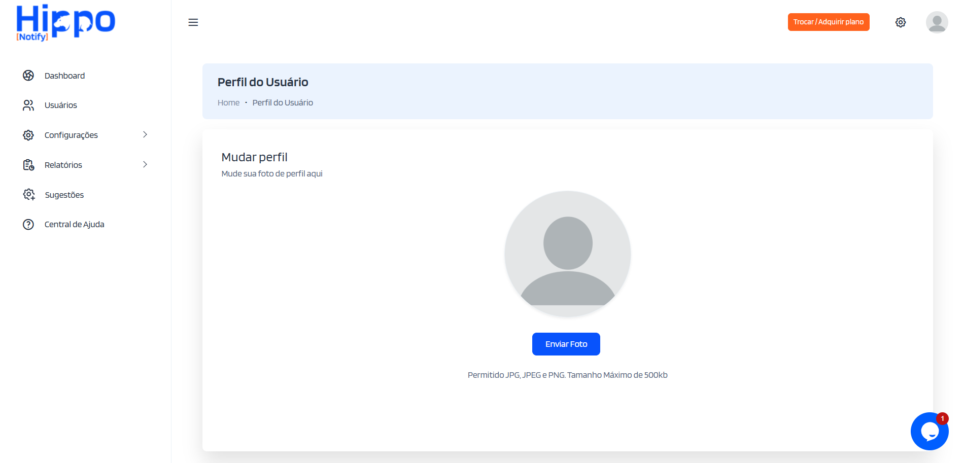 Tela de configuração do perfil do usuário