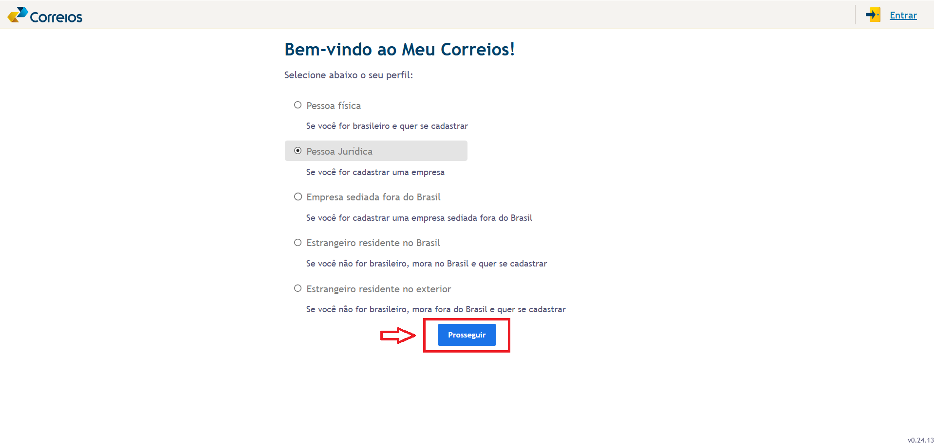 Tela de seleção do perfil para cadastro