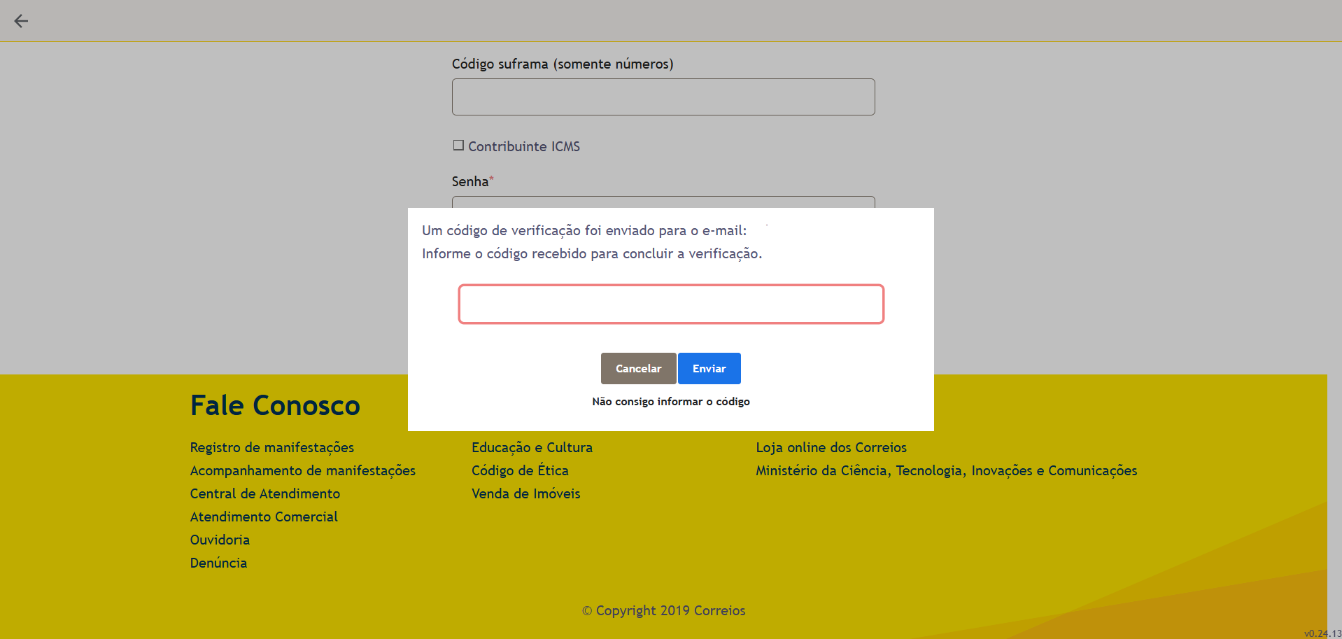 Janela para informar código recebido via celular