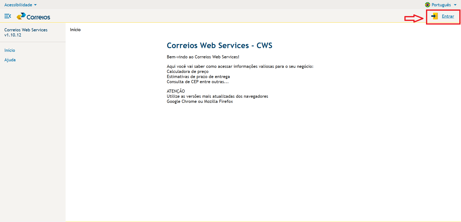 Tela inicial do site Correios Web Service
