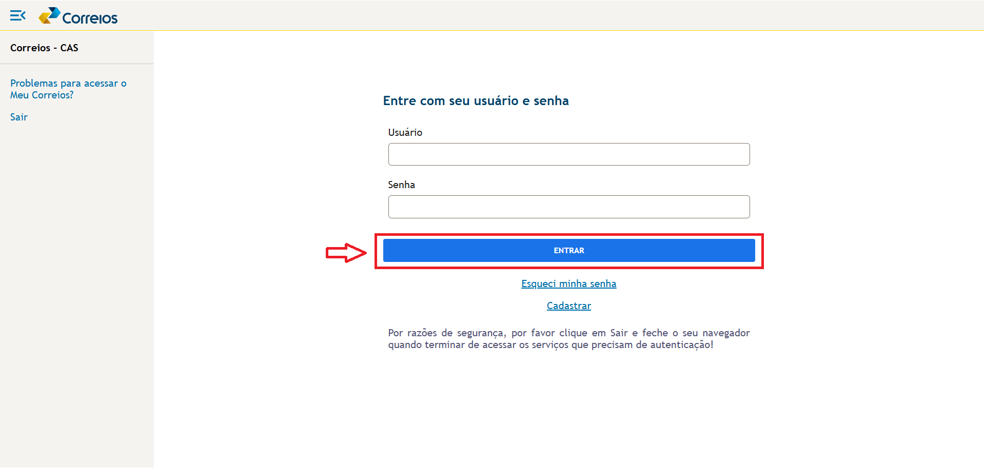 Tela de login do site CWS