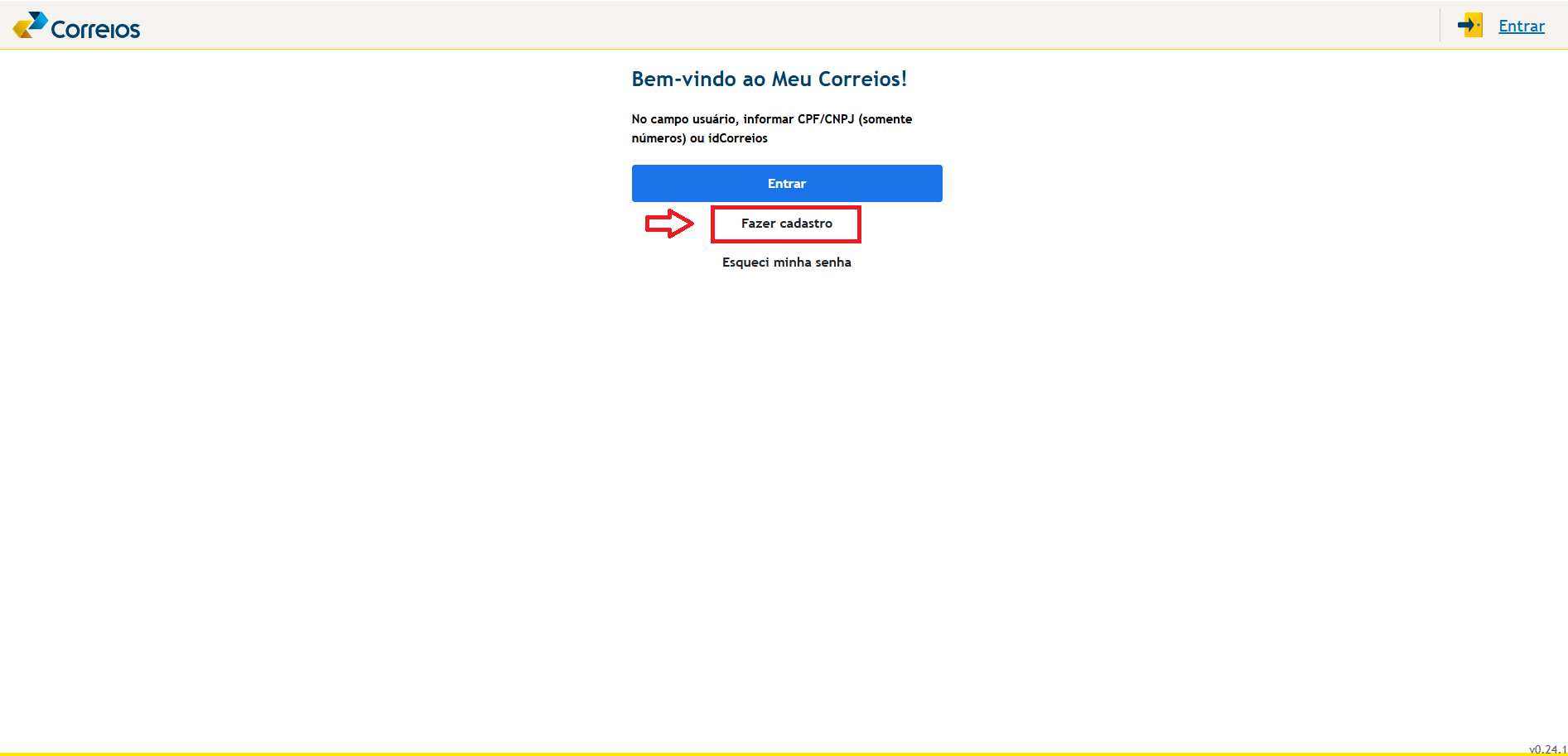 Tela inicial do site Meu Correios