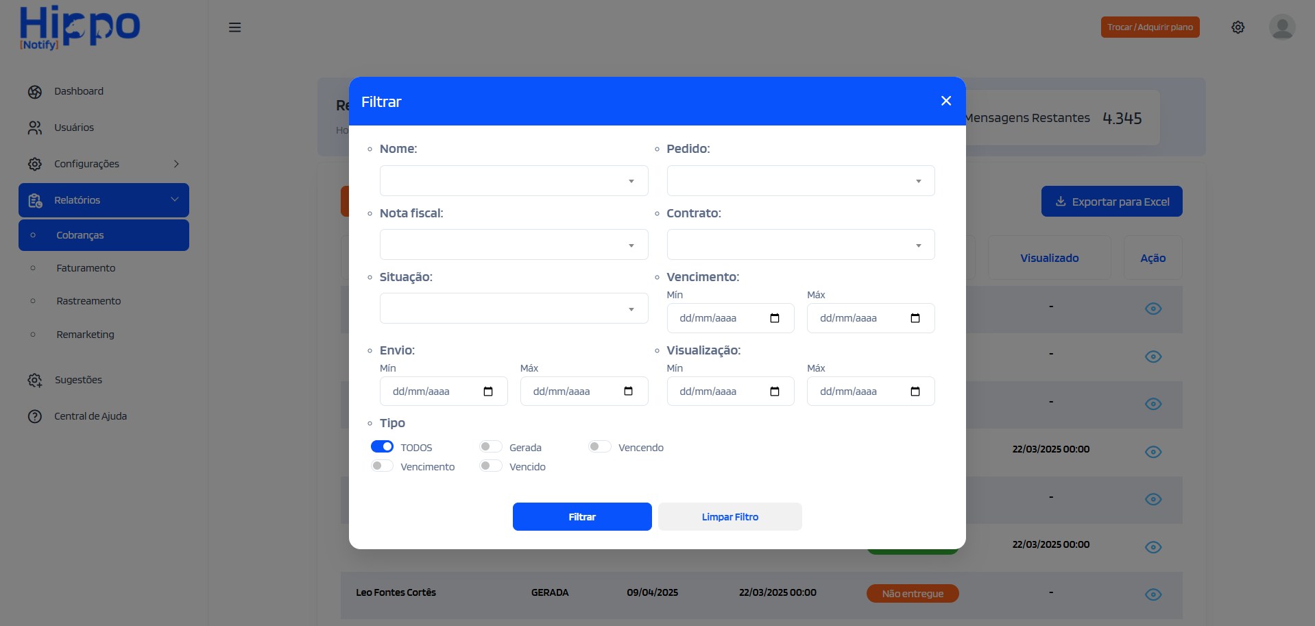 Janela de filtros para o relatório