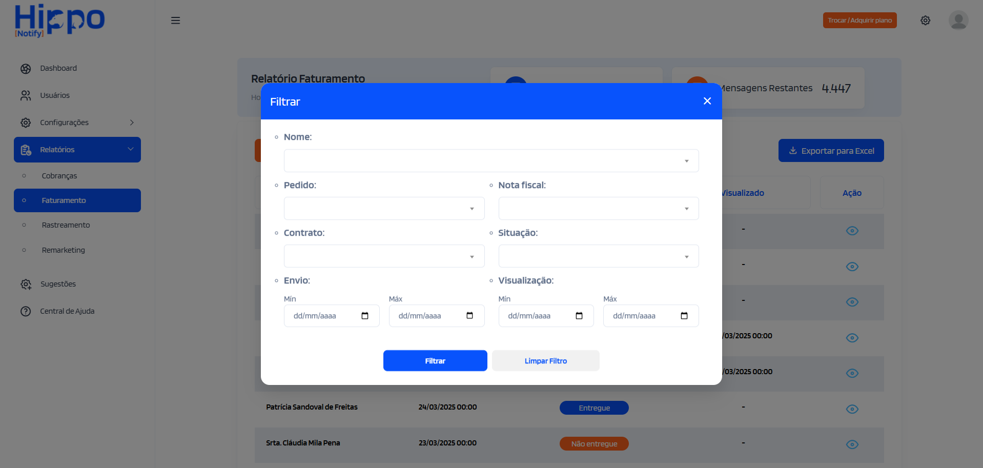 Janela de filtros do relatório