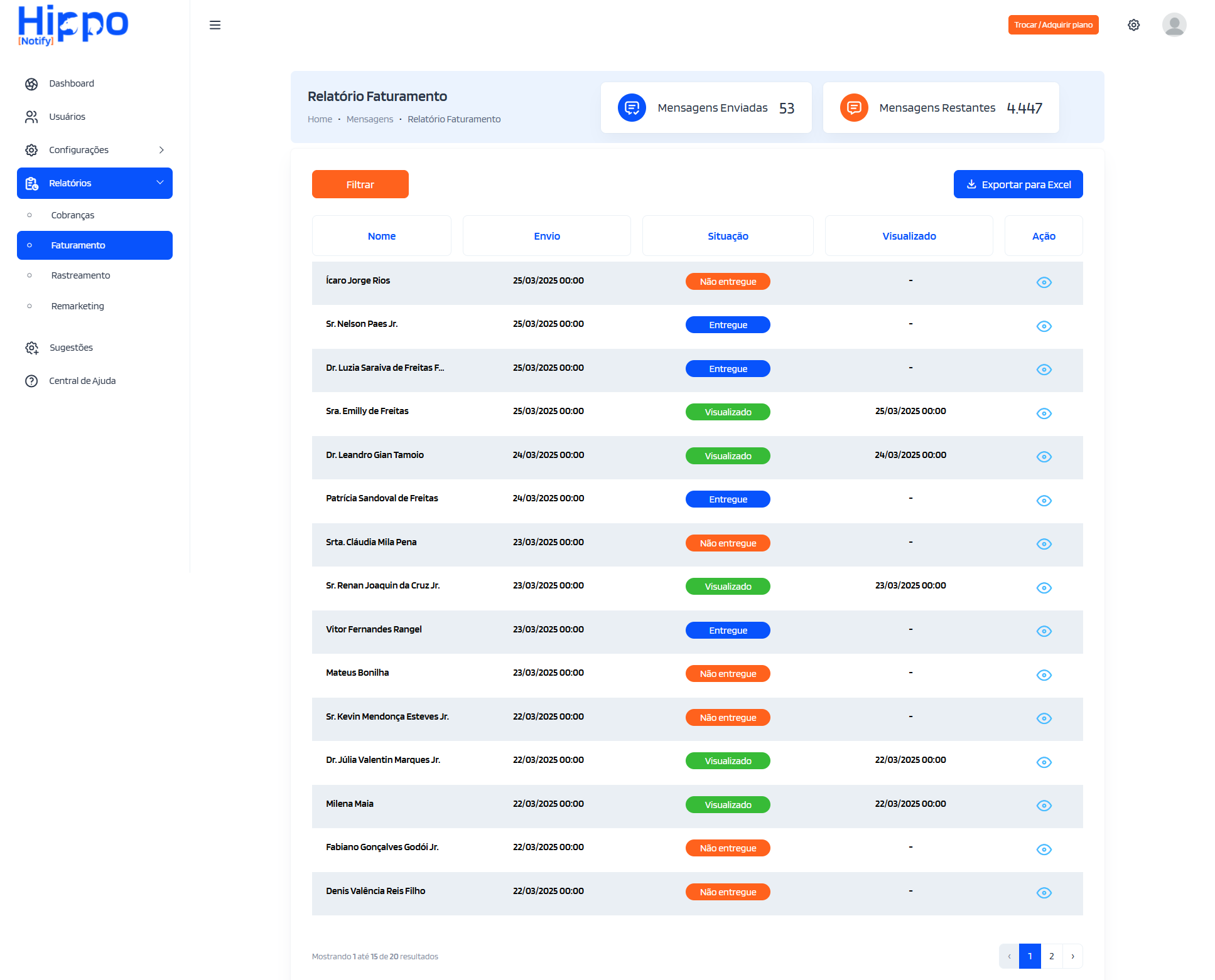 Tela do relatório de envios de notificações do módulo Faturamento