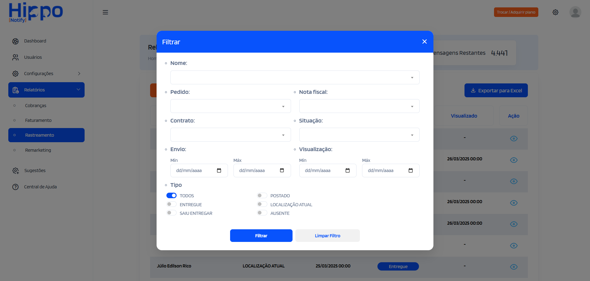 Janela de filtros para o relatório
