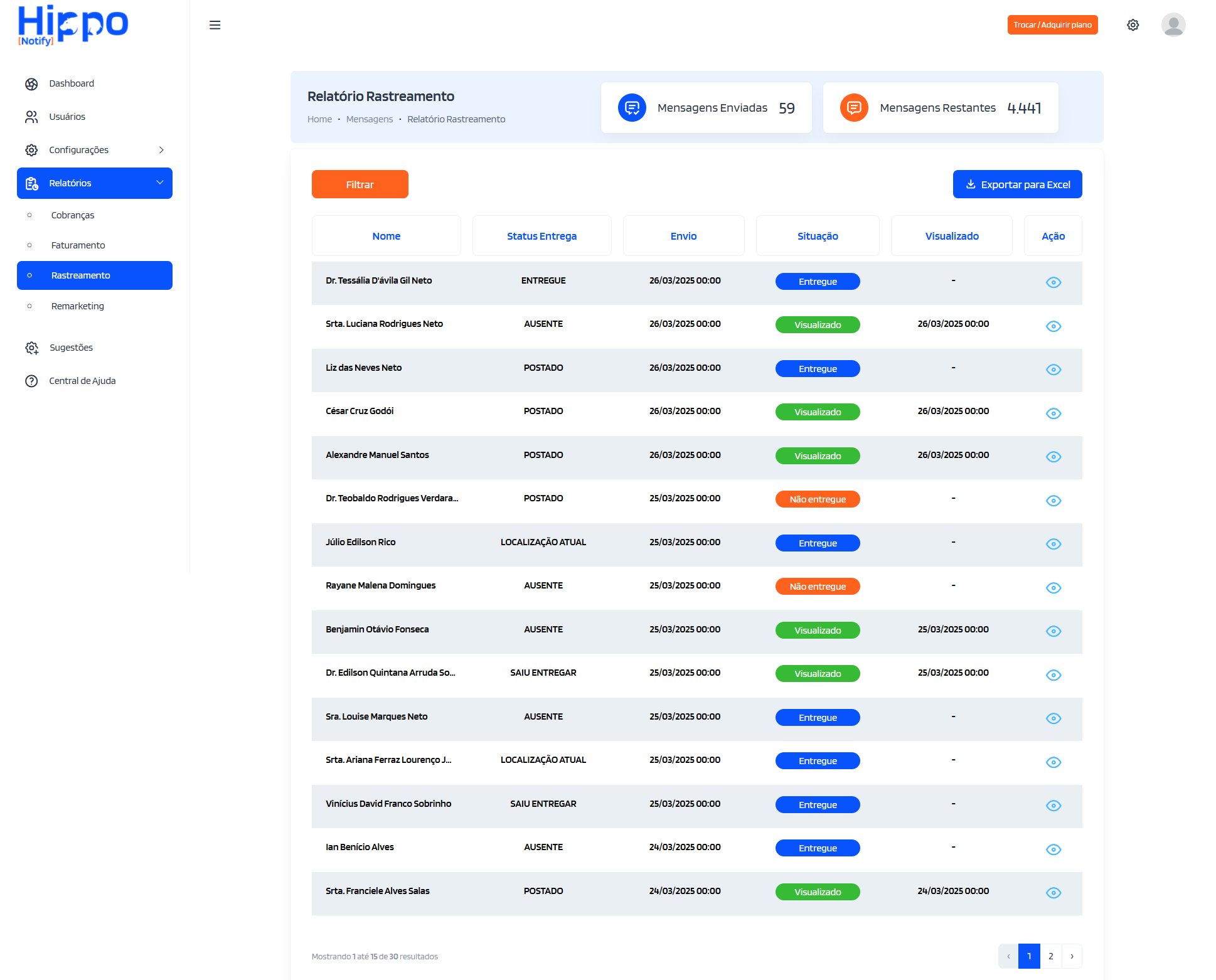 Tela do relatório de envios de notificações do módulo Rastreamento