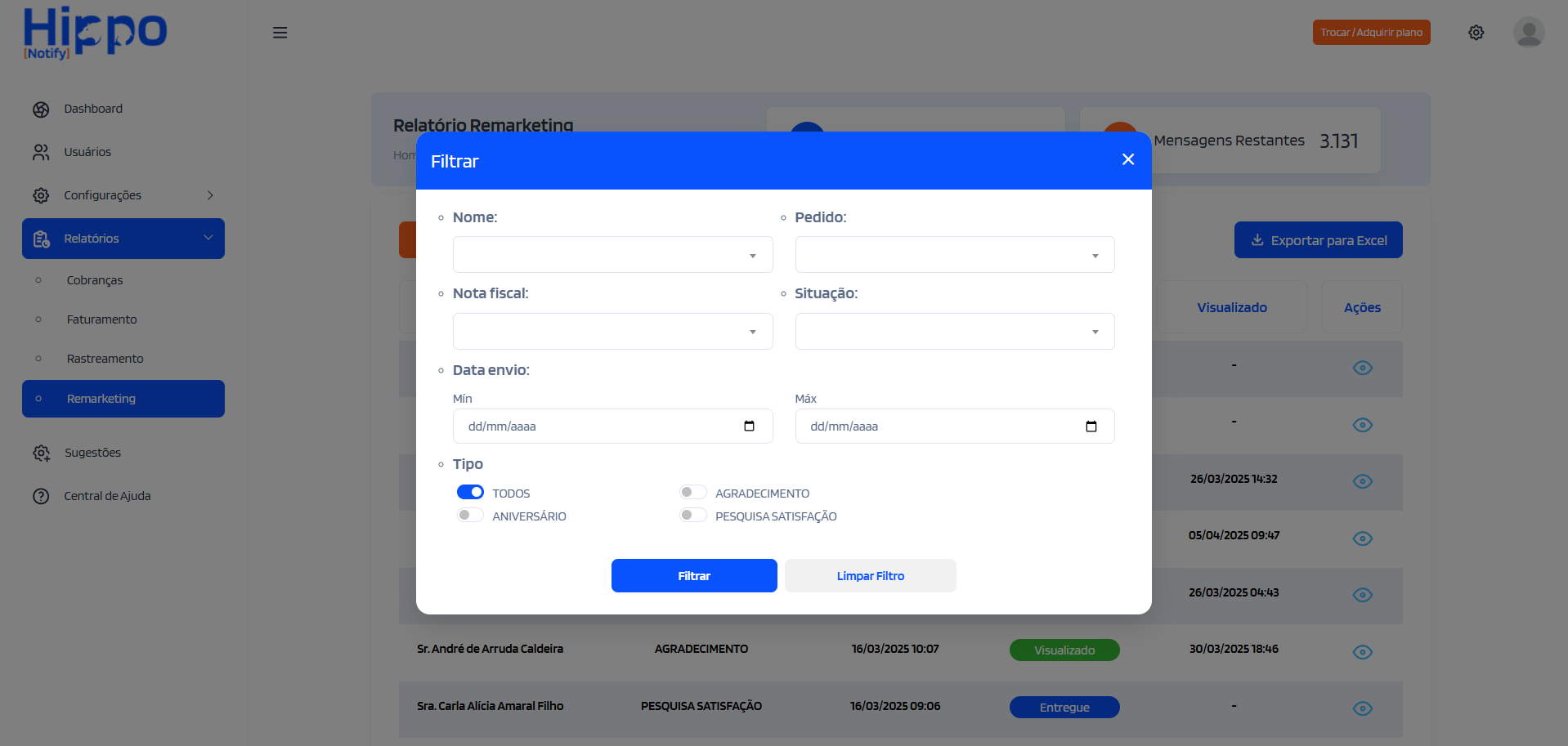 Janela de filtros para o relatório