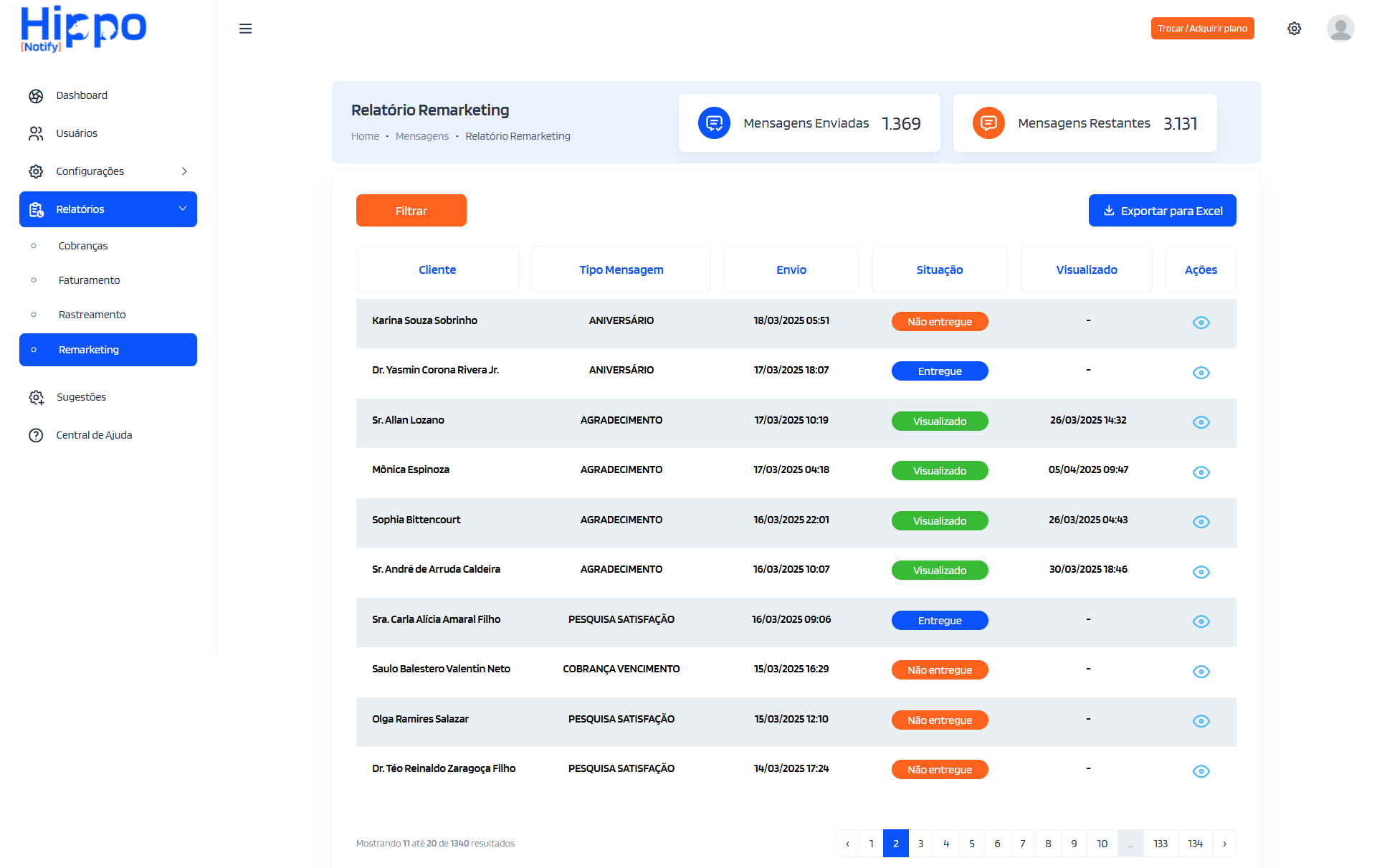 Tela do relatório de envios de notificações do módulo Remarketing