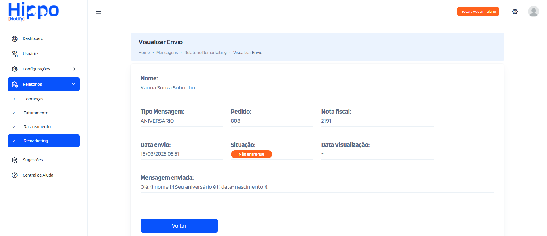 Situação 'Não entregue'