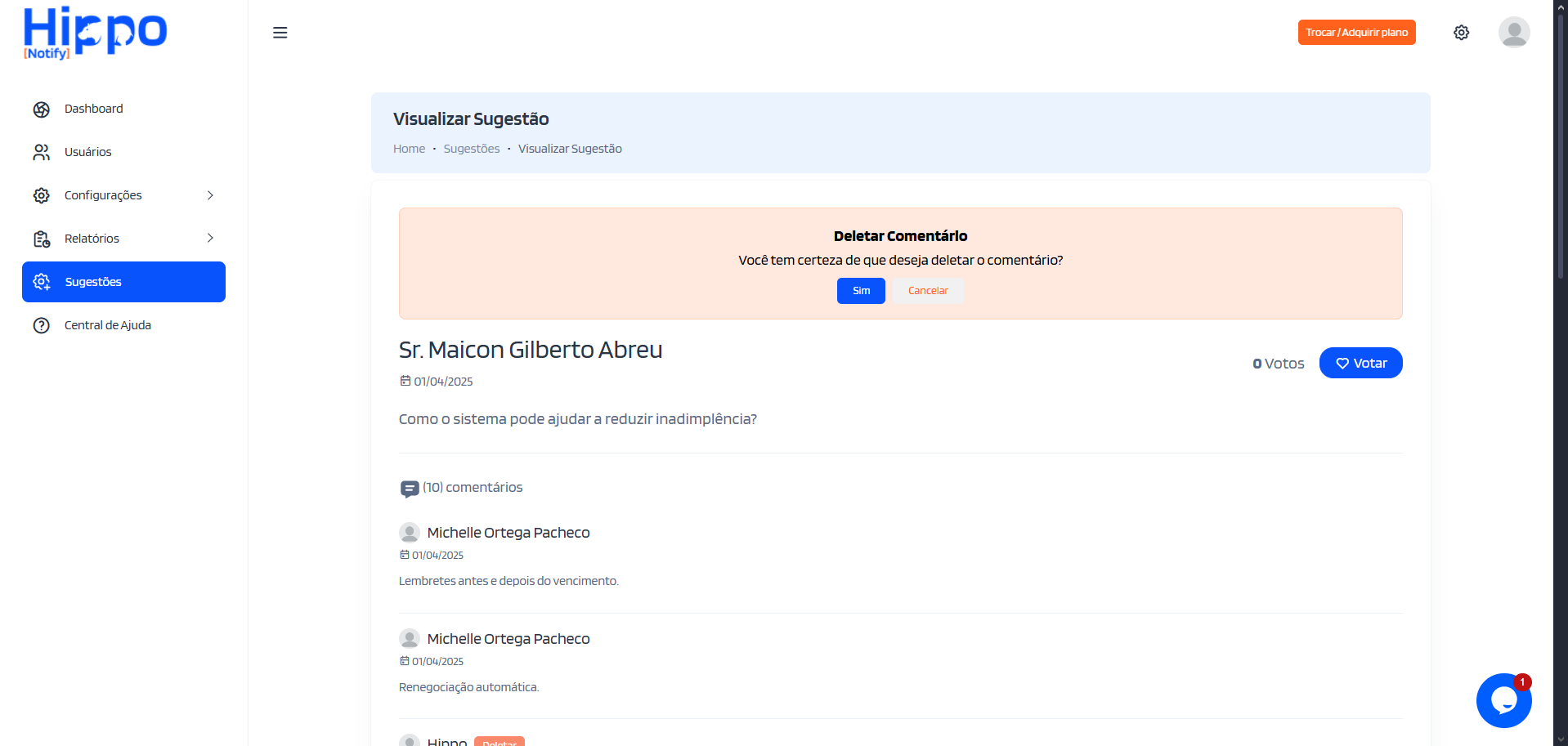 Mensagem de confirmação para deletar o comentário