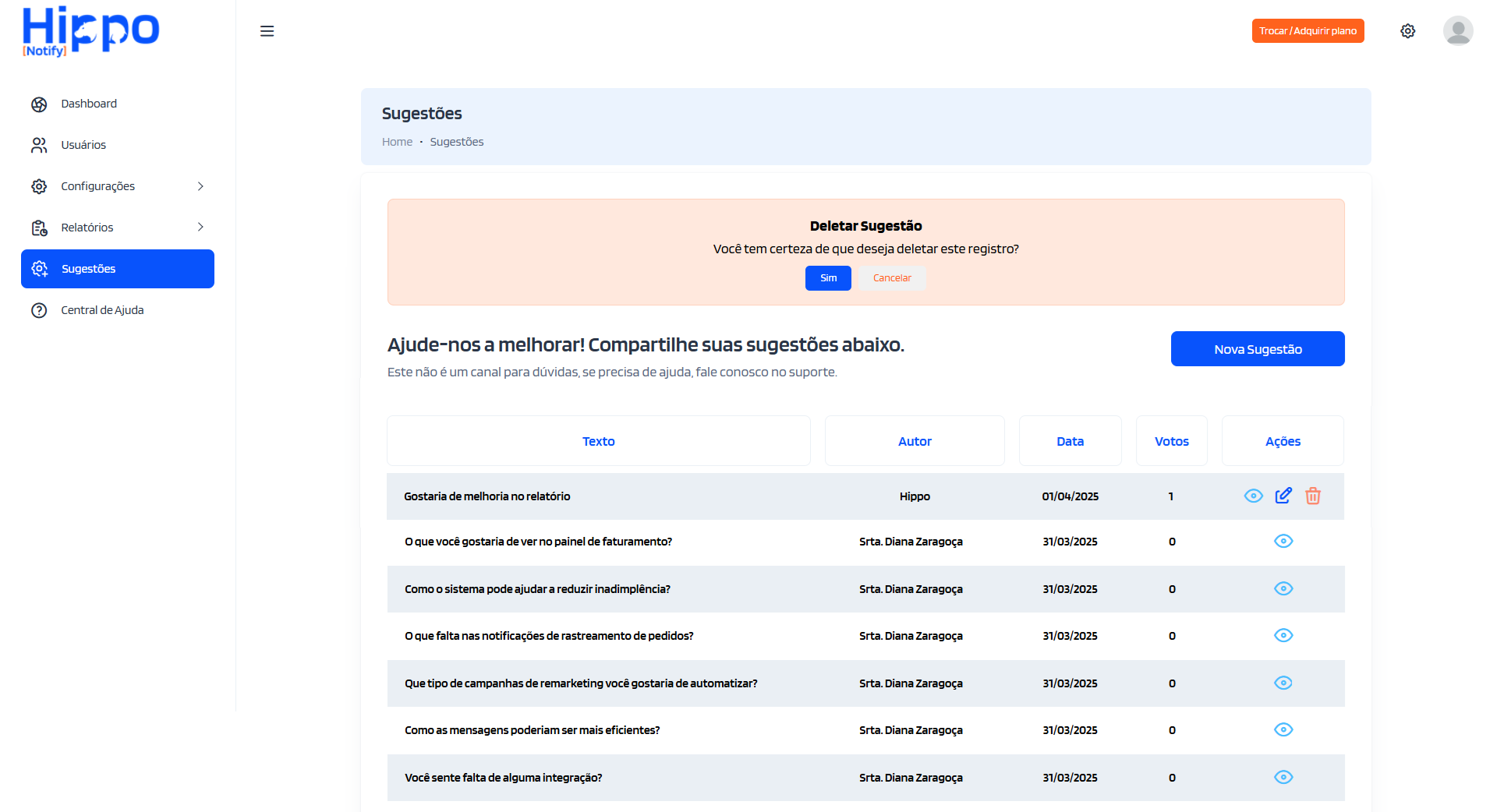 Mensagem de confirmação da exclusão