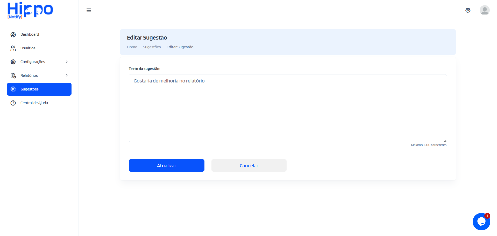 Tela para editar o texto da publicação