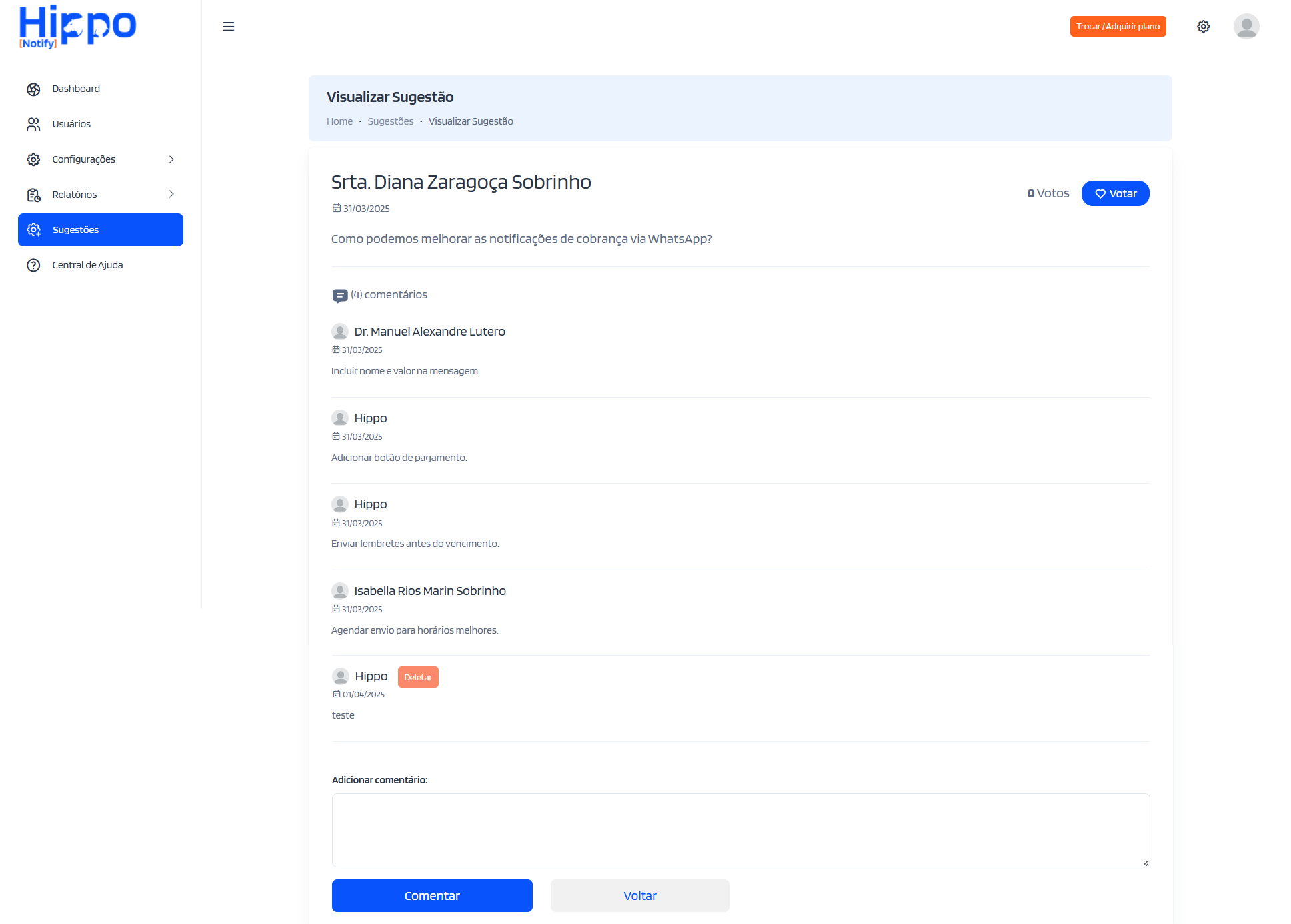 Tela de visualização da sugestão e comentários