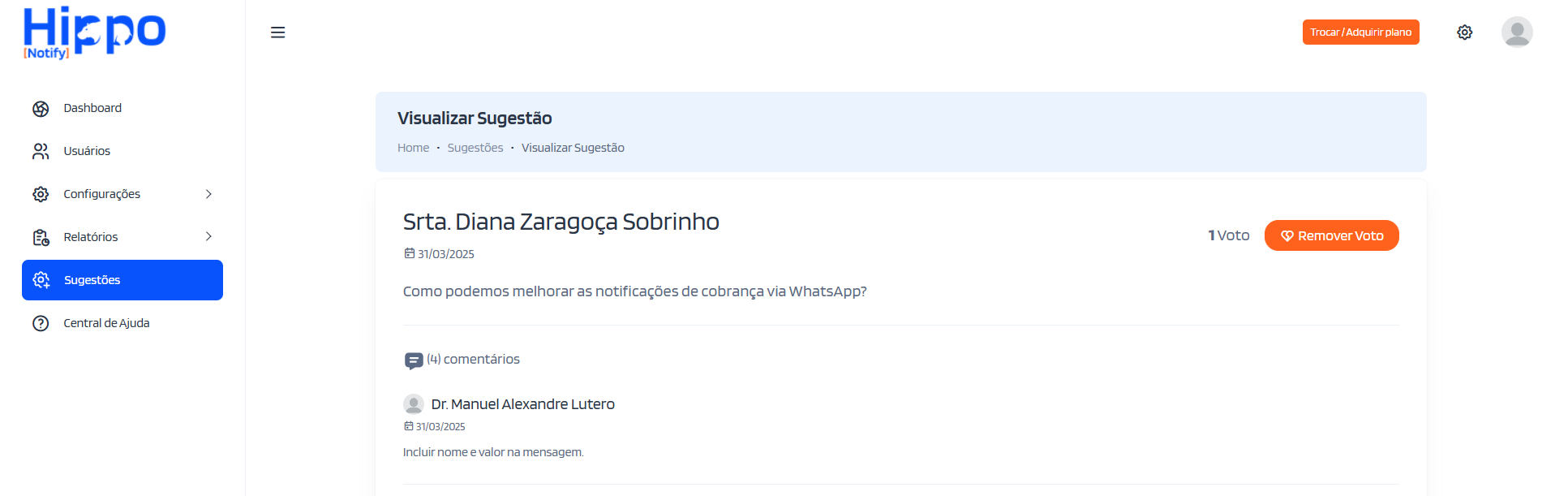 Tela de visualização da publicação com voto ativo