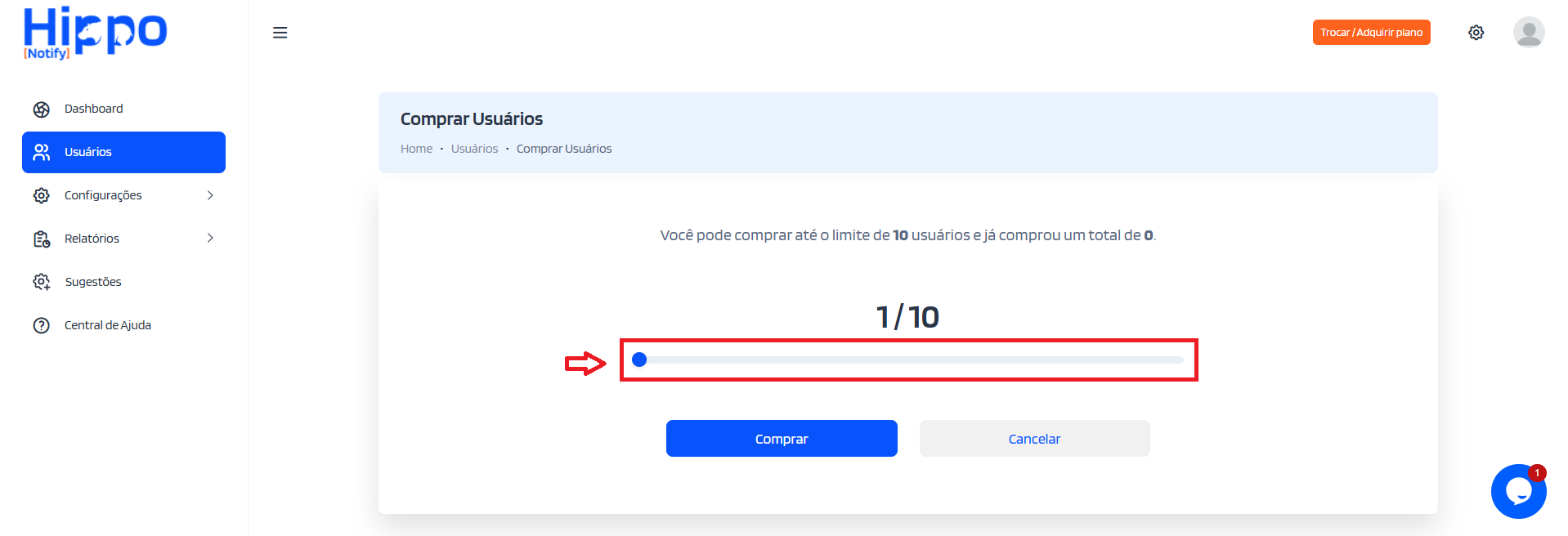 Tela de compra de usuário(s)