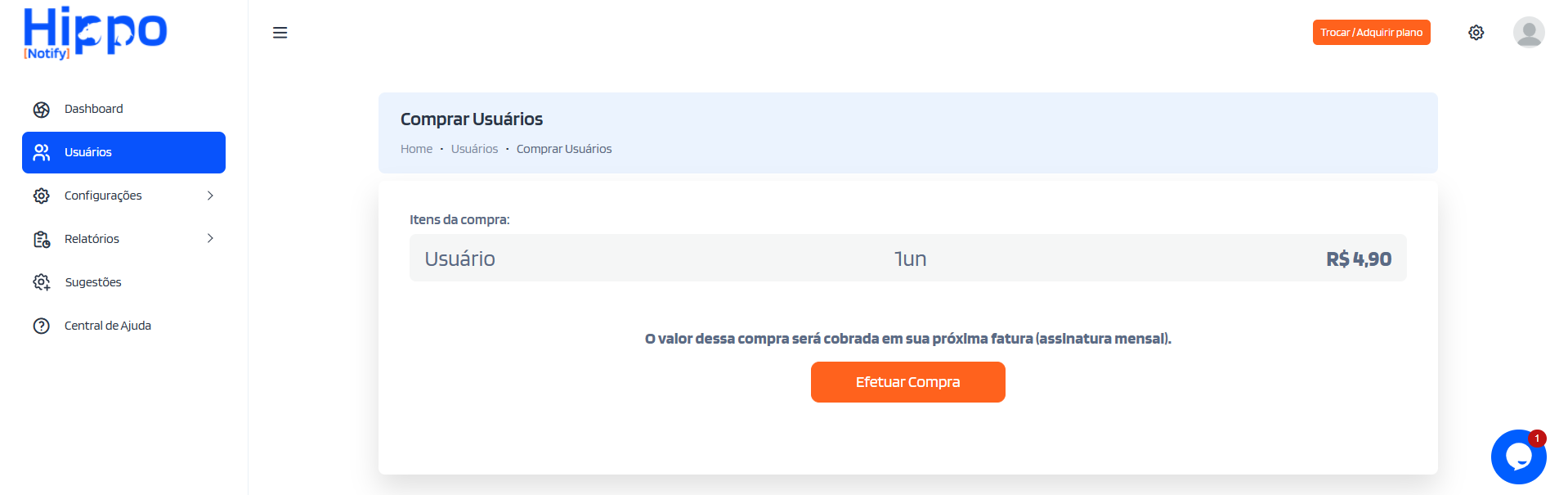 Tela de finalizar compra de usuário(s)