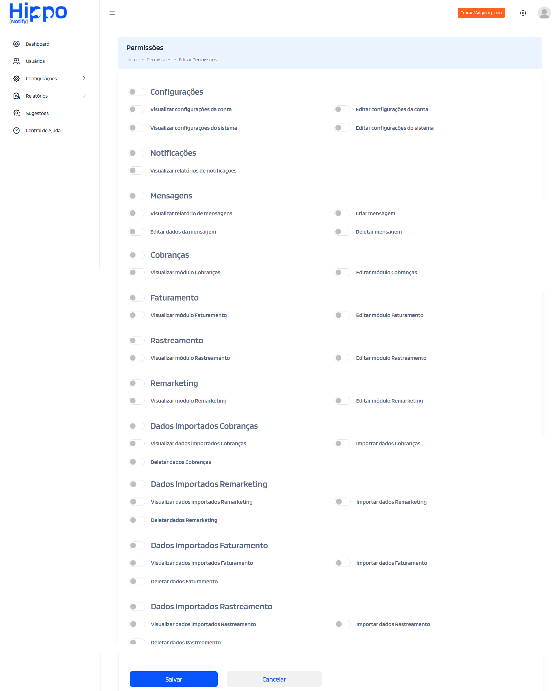 Tela de configuração das permissões do usuário