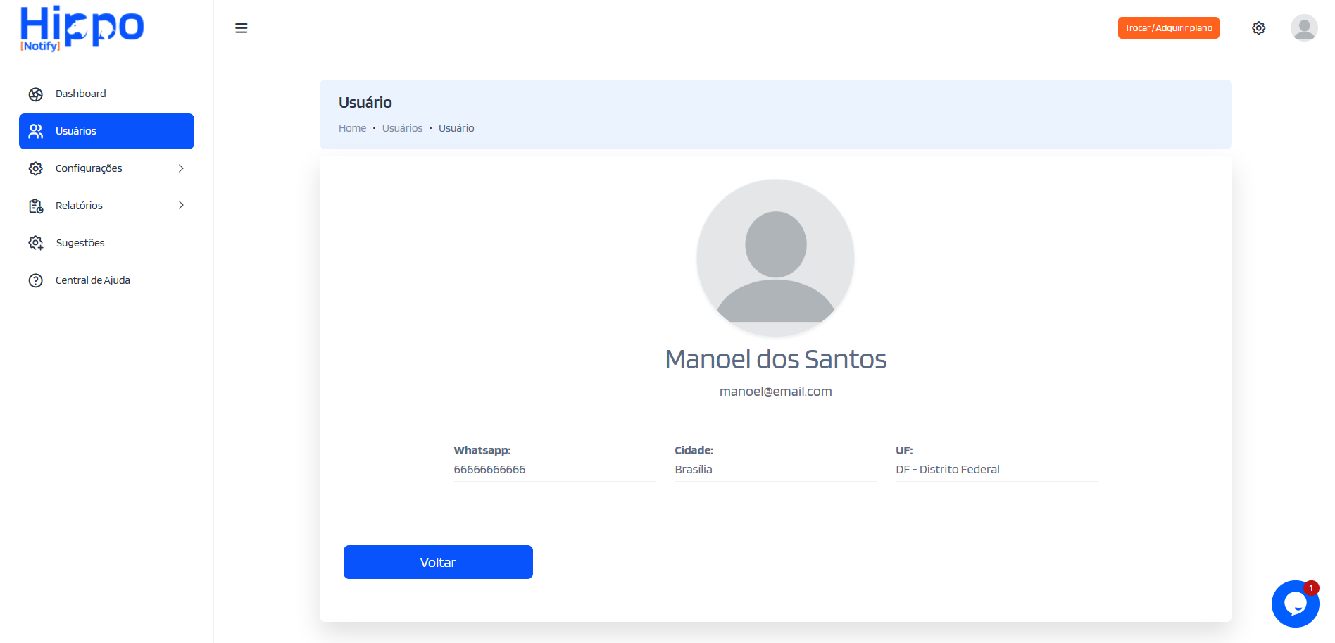 Tela de visualização dos dados do usuário
